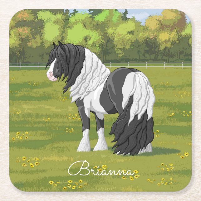 Black Pinto Piebald Gypsy Vanner Draught Horse Square Paper Coaster (Front)
