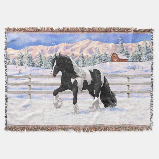 Black Pinto Piebald Gypsy Vanner Draught Horse Throw Blanket (Front)
