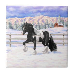 Black Pinto Piebald Gypsy Vanner Draught Horse Tile