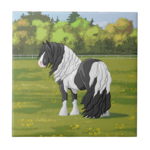 Black Pinto Piebald Gypsy Vanner Draught Horse Tile