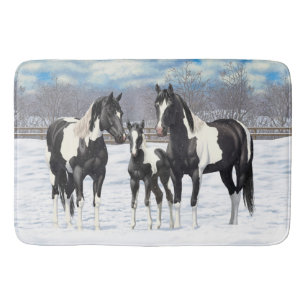 Black Pinto Quarter Horse Paint Horses In Snow Bath Mat