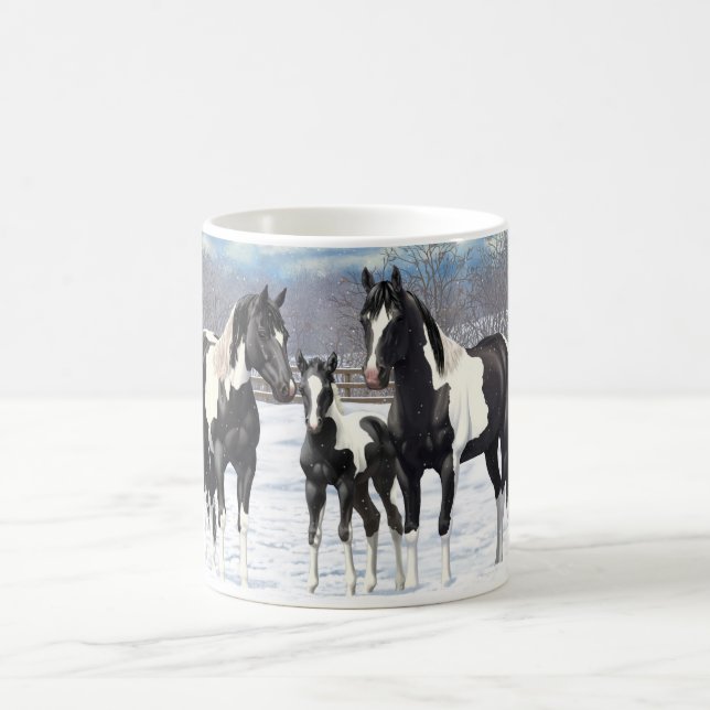 Black Pinto Quarter Horse Paint Horses In Snow Coffee Mug (Center)