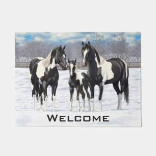 Black Pinto Quarter Horse Paint Horses In Snow Doormat
