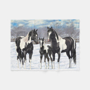 Black Pinto Quarter Horse Paint Horses In Snow Fleece Blanket