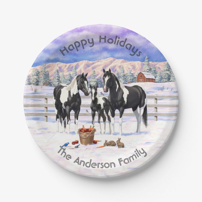 Black Pinto Quarter Horse Paint Horses In Snow Paper Plate (Front)
