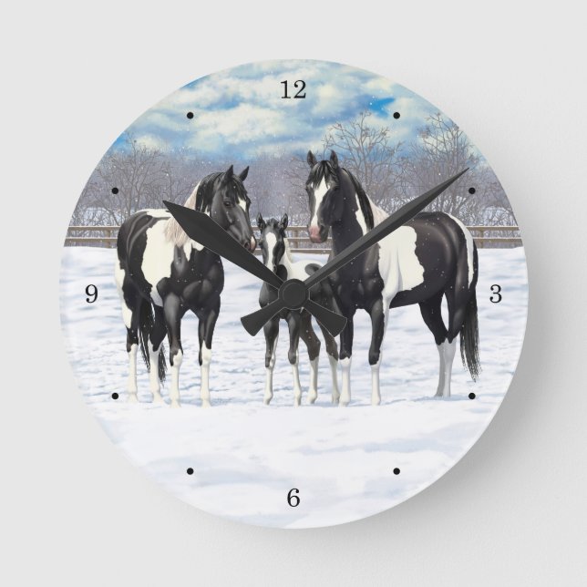 Black Pinto Quarter Horse Paint Horses In Snow Round Clock (Front)