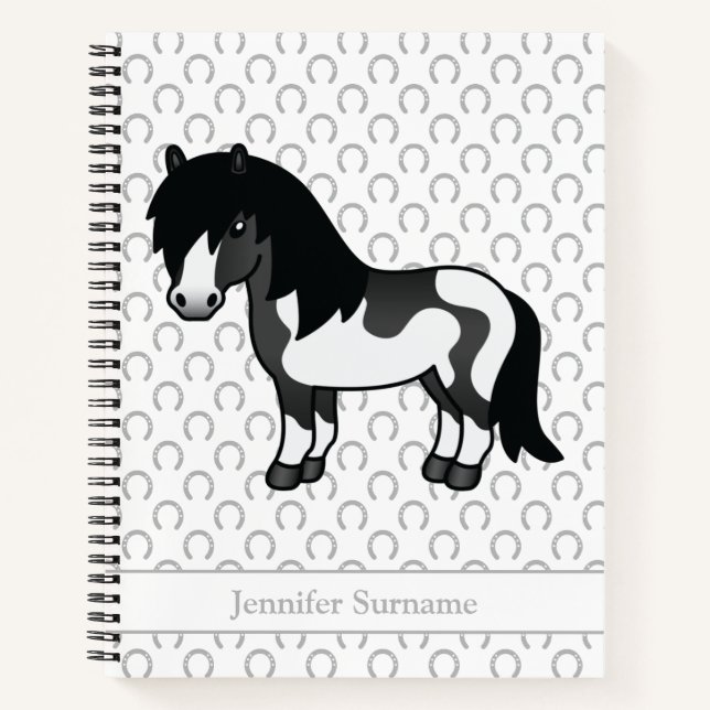 Black Pinto Shetland Pony Cartoon Pony & Text Notebook (Front)