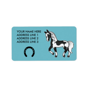 Black Pinto Trotting Cartoon Horse Label