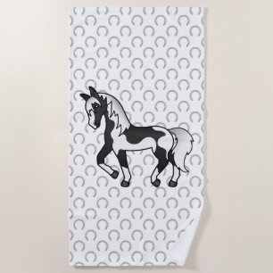 Black Pinto Trotting Horse Cartoon Illustration Beach Towel