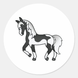 Black Pinto Trotting Horse Cartoon Illustration Classic Round Sticker