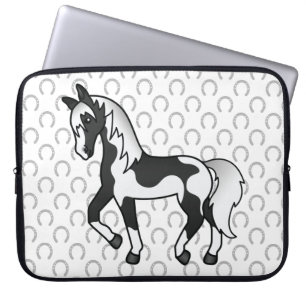 Black Pinto Trotting Horse Cartoon Illustration Laptop Sleeve
