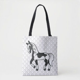 Black Pinto Trotting Horse Cartoon Illustration Tote Bag