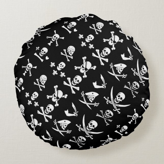 BLACK PIRATE BANNERS SKULL,CROSSED BONES,SWORDS ROUND CUSHION (Back)