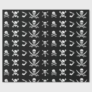 BLACK PIRATE BANNERS SKULL,CROSSED BONES,SWORDS WRAPPING PAPER