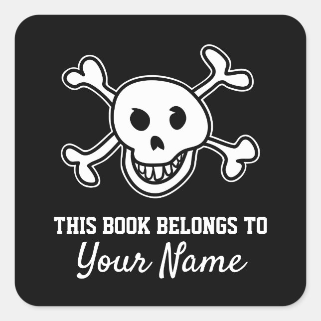 Black pirate flag bookplate sticker for kid's book (Front)