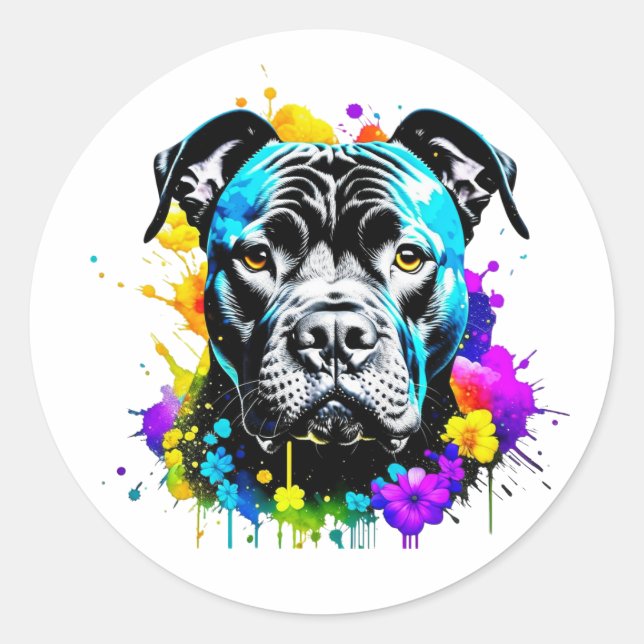 Black Pit Bull Stickers Colourful Flower Paintdrip (Front)