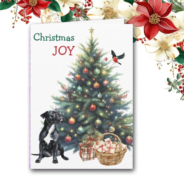 Black Pitbull Dog, Bullfinch and Holiday Tree Card (Creator Uploaded)