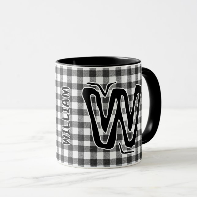 Black Plaid (Antique Monogram Name) Vintage Coffee Mug (Front Right)