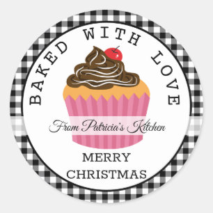 Black Plaid Baked With Love Christmas Cupcakes Classic Round Sticker