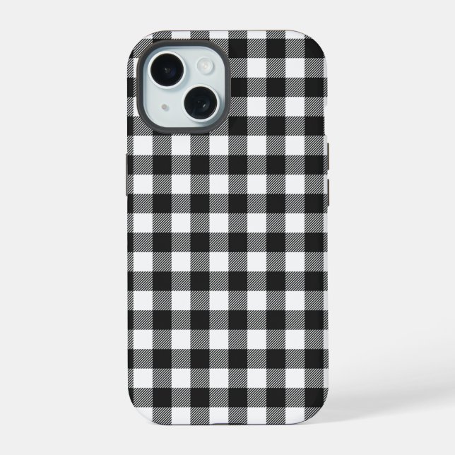 Black Plaid Buffalo Check Pattern iPhone 15 Case (Back)
