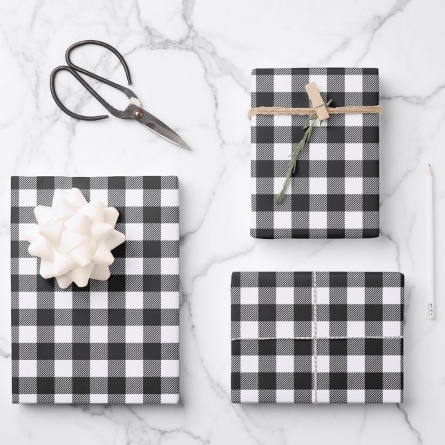 Black Plaid Buffalo Check Pattern Wrapping Paper Sheet (Front)