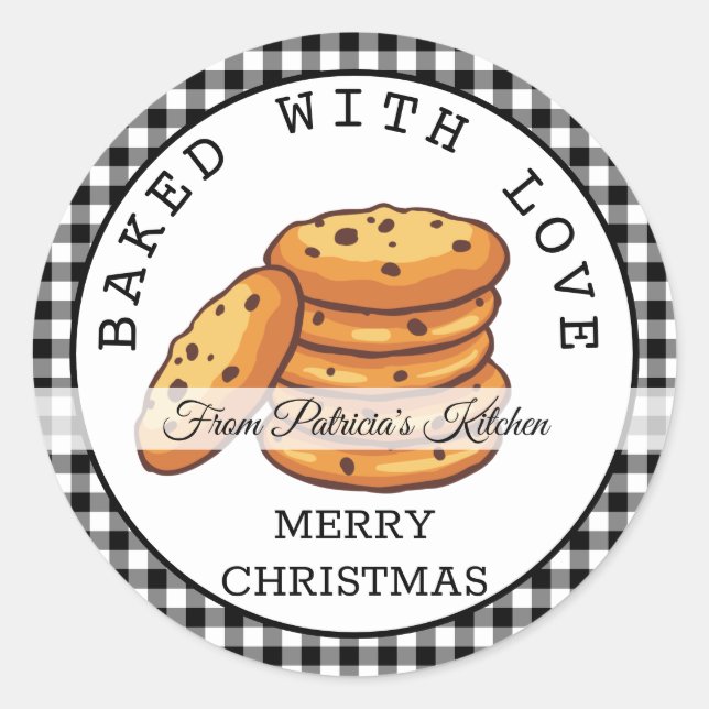 Black Plaid Christmas Cookies  Baked With Love  Classic Round Sticker (Front)