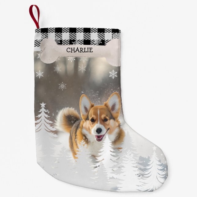 Black Plaid Christmas Pine Trees Bone Dog Photo Small Christmas Stocking (Front)