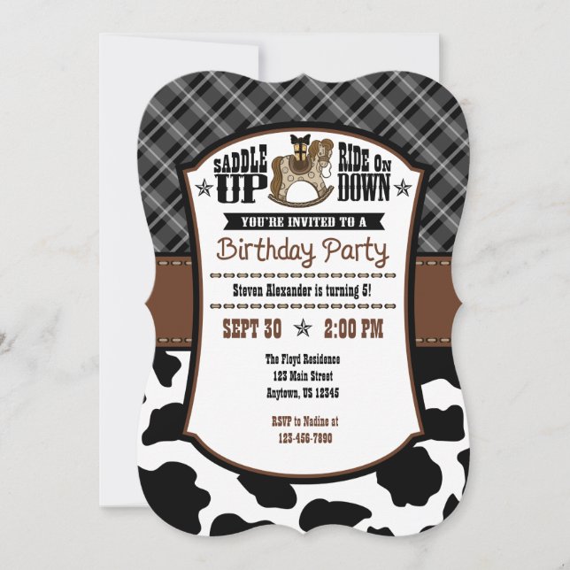 Black Plaid Cowhide Cowboy Birthday Invite (Front)