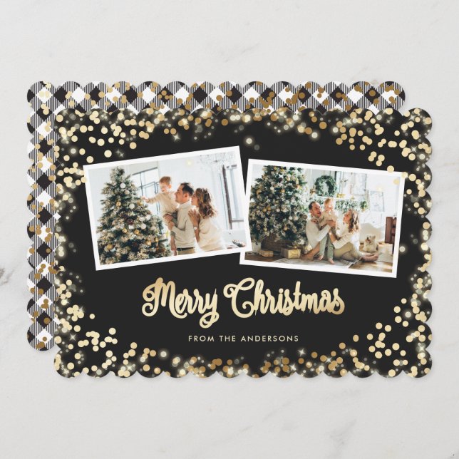 Black Plaid Gold Christmas Magic Lights Photo Holiday Card (Front/Back)