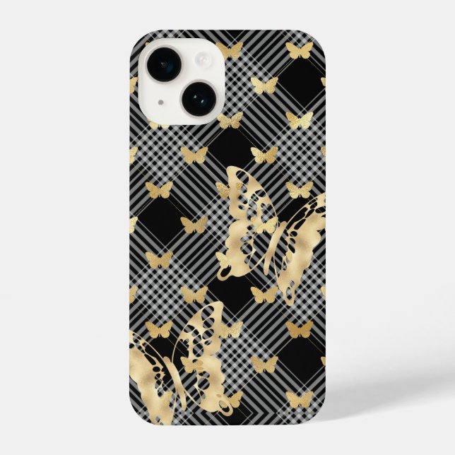 Black Plaid Golden Butterflies iPhone 14 Cases (Back)