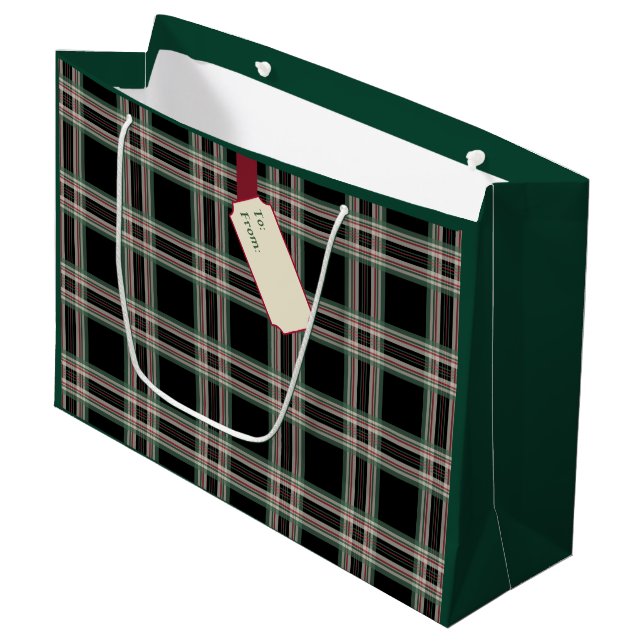Black Plaid Name Tag Christmas Gift Bag (Front Angled)