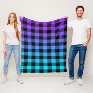 Black plaid pattern purple to turquoise ombre fleece blanket