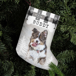 Black Plaid Rustic Pine Trees Dog Bone Pet Photo Small Christmas Stocking