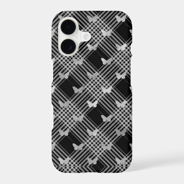 Black Plaid & Silver Butterflies iPhone 14 Cases (Back)
