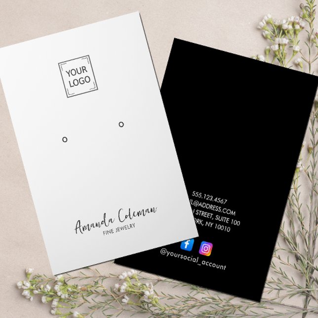 BLACK PLAIN SIGNATURE EARRING JEWELRY LOGO BUSINESS CARD (Custom logo, white or any color earring display card template with social media icons)
