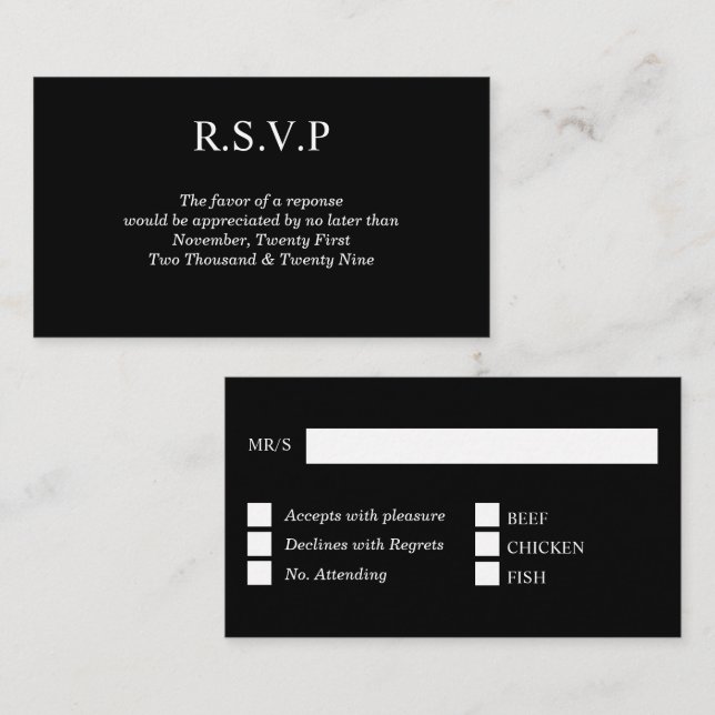 Black plain solid colour rsvp guest response enclosure card (Front/Back)