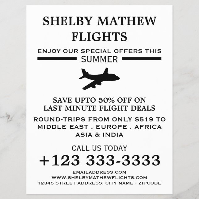 Black Plane Icon, Airline Advertising Flyer (Front)