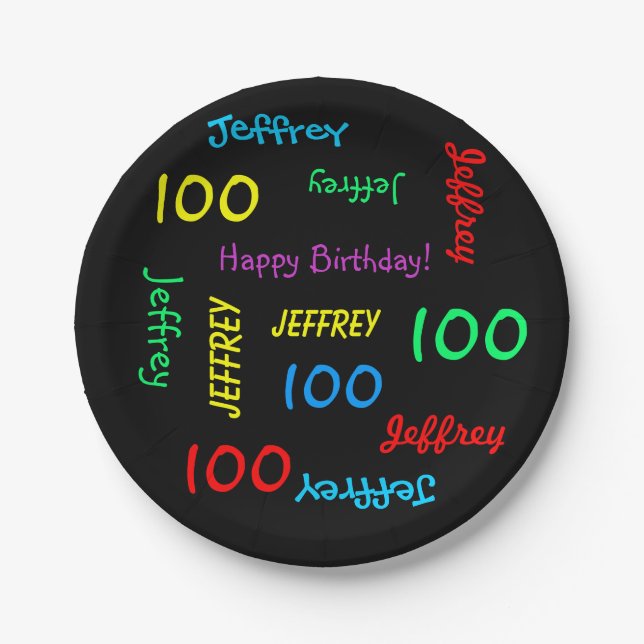 Black Plates, 100th Birthday Party Repeating Names Paper Plate (Front)