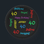 Black Plates, 40th Birthday Party, Repeating Names Paper Plate<br><div class="desc">What a wonderful, personalised paper plate for a 40th birthday party or any other occasion. Name and Age repeat in different fonts and primary colours on a black background. Easy to personalise - just CHANGE NAME, AGE, and OCCASION in ONE PLACE. Supports name up to 9 characters. A colourful and...</div>