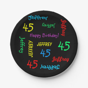 Black Plates, 45th Birthday Party, Repeating Names Paper Plate