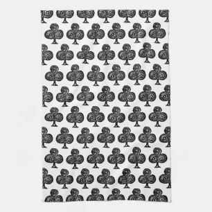 Black Playing Card Symbol Club Shape Lino Cut Tea Towel