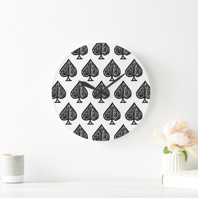Black Playing Card Symbol Spades Shape Lino Cut Large Clock (Home)
