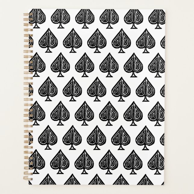Black Playing Card Symbol Spades Shape Lino Cut Planner (Front)
