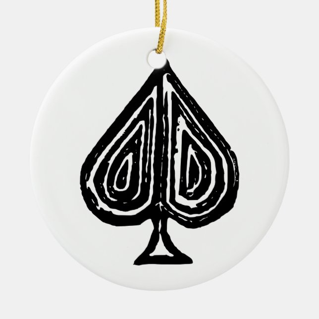Black Playing Card Symbol Spades Shape Linocut Ceramic Tree Decoration (Front)