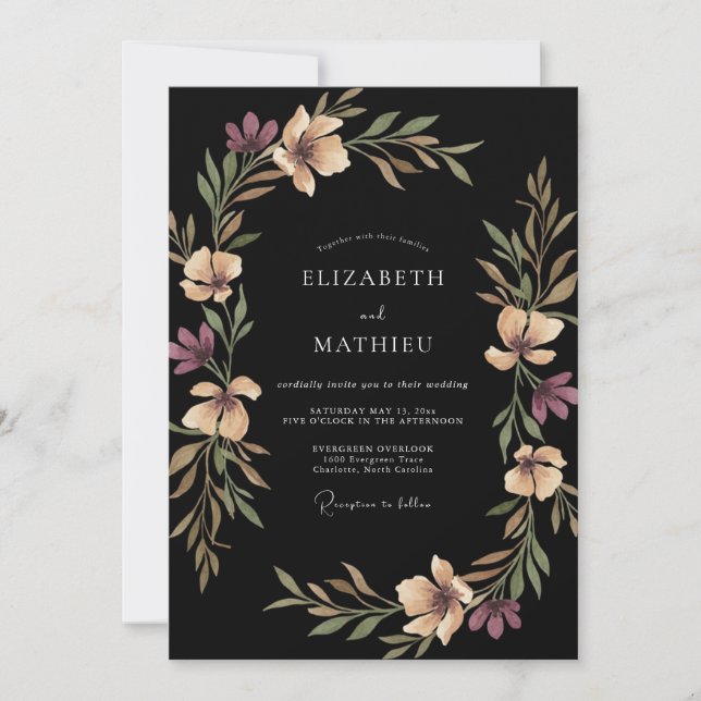 Black Plum Leafy Wedding Invitation (Front)