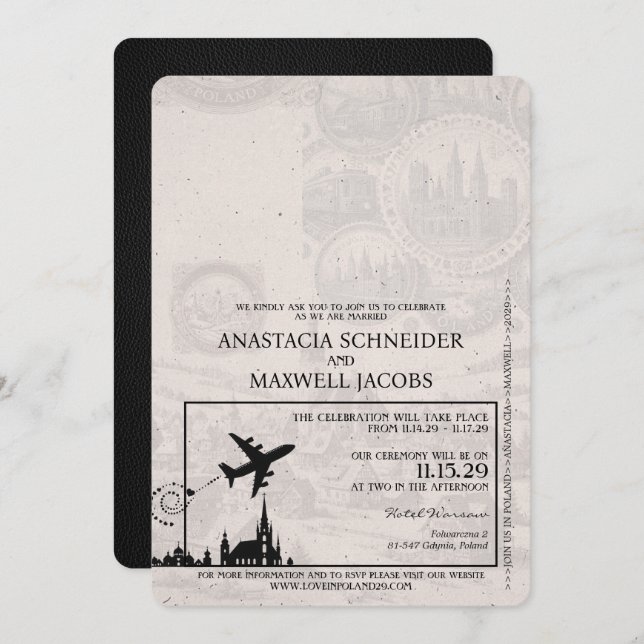 Black Poland Passport Wedding Invitation (Front/Back)
