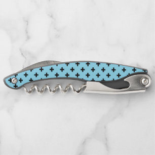 Black polka crosses on baby blue corkscrew