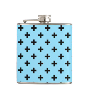Black polka crosses on baby blue hip flask