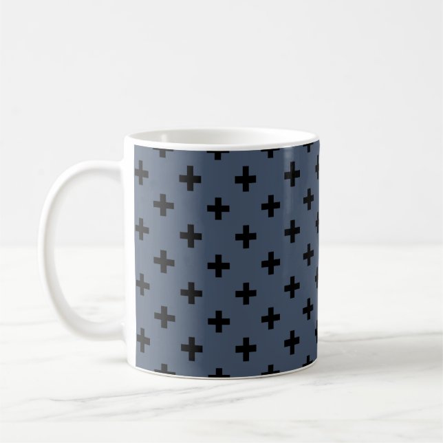 Black polka crosses on blue-grey coffee mug (Left)