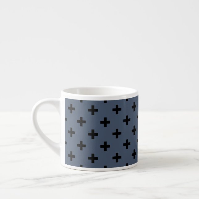 Black polka crosses on blue-grey espresso cup (Left)